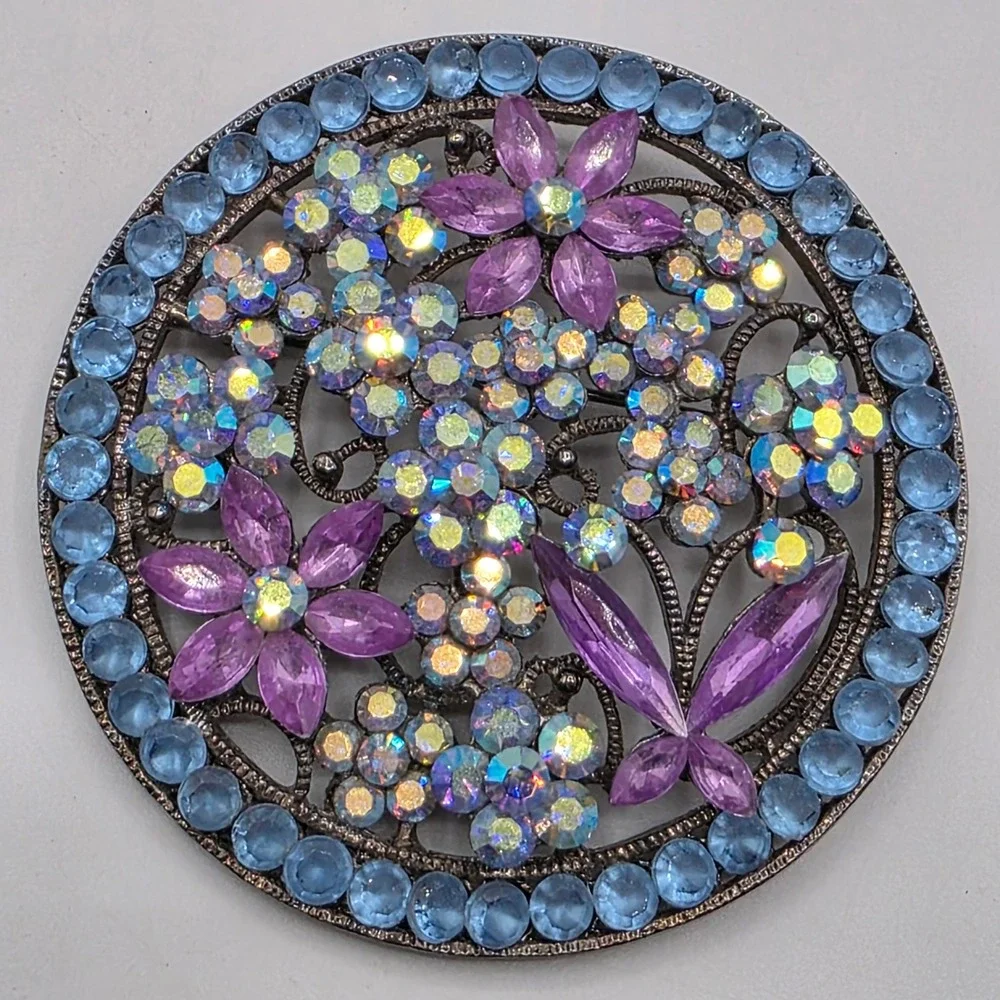 Vintage Style Floral Round Brooch AB Rhinestone Purple Blue Crystal Pin‎ 2 Inch